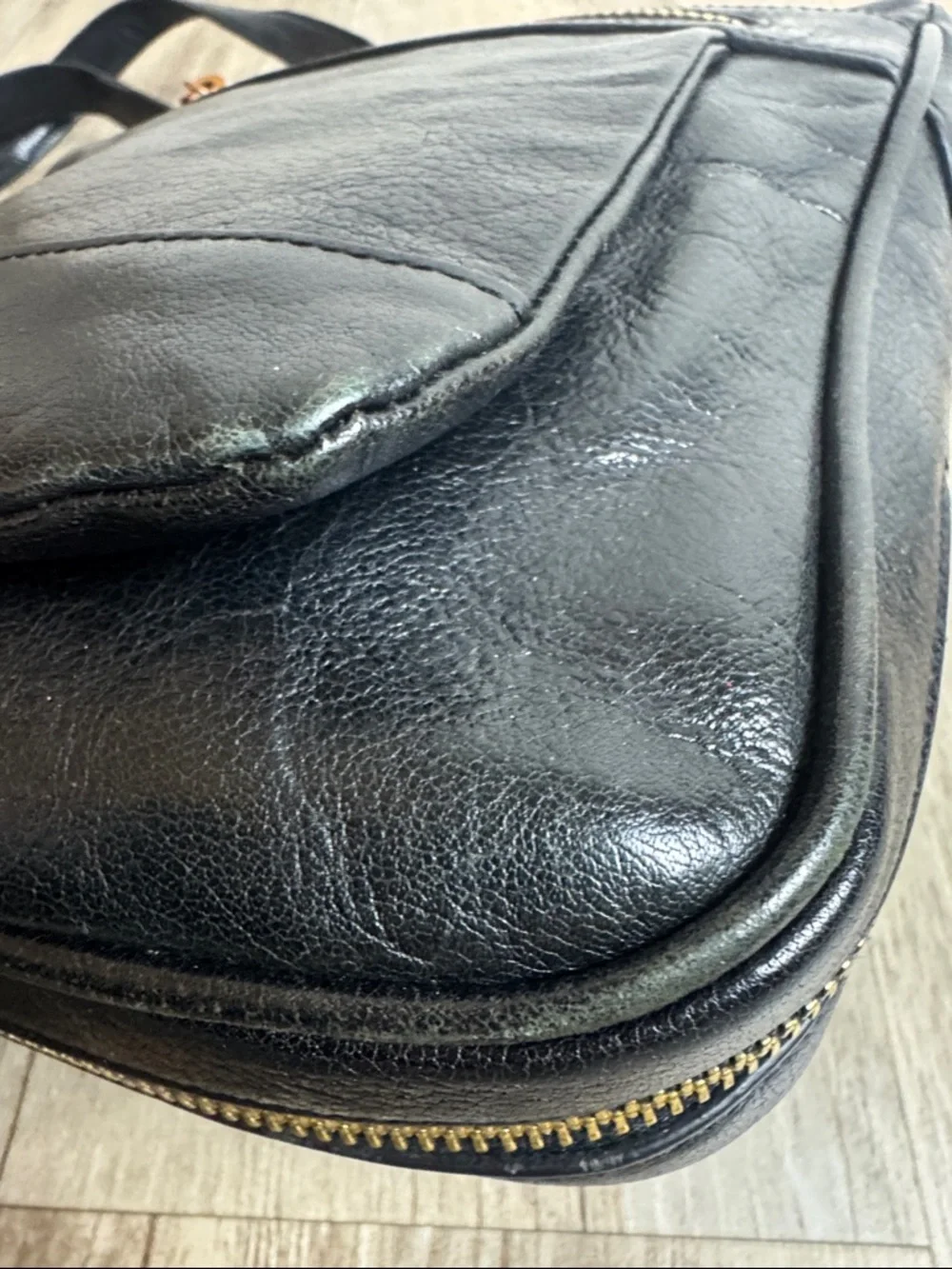 TUSK Black Leather Crossbody Bag Vintage Messenger Gold Hardware